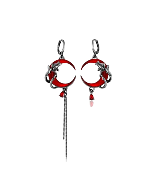 Boucles d'oreilles lune rouge et rose noire