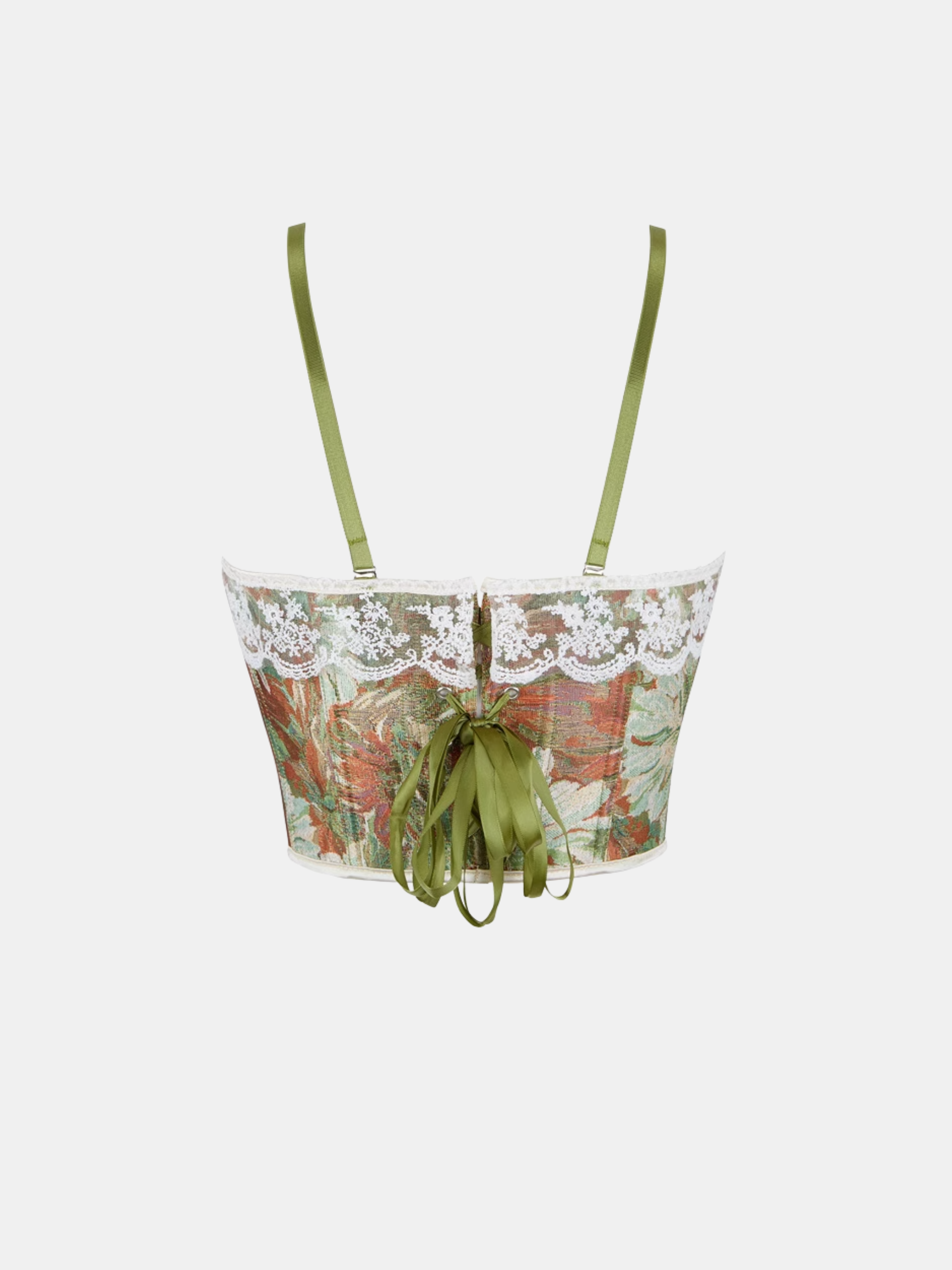 Top with lace detailing and floral pattern on a white background