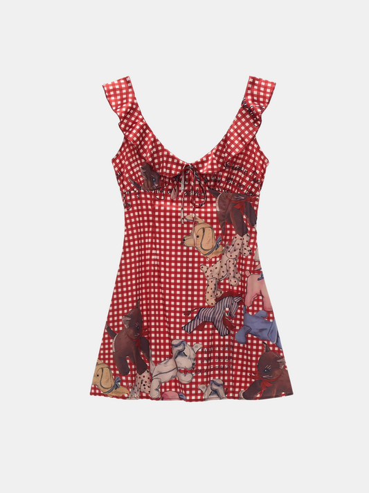 Red checkered dress with animal print on a white background