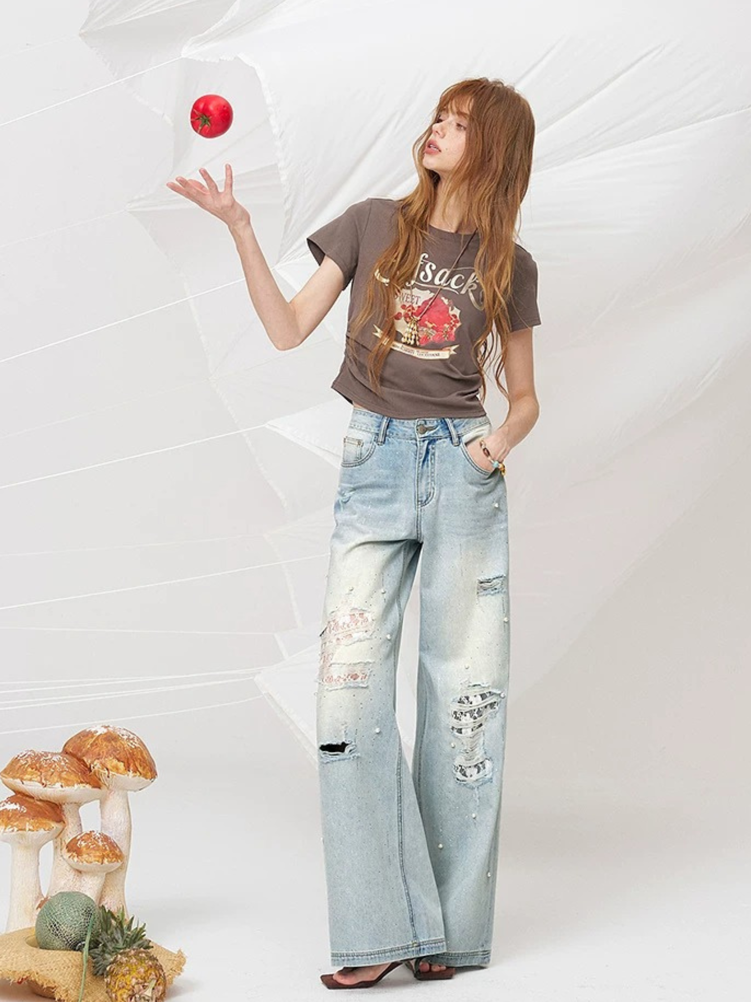 Pearl Distressed Wide-Leg Jeans