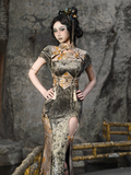 Woman in a detailed dress with a textured background