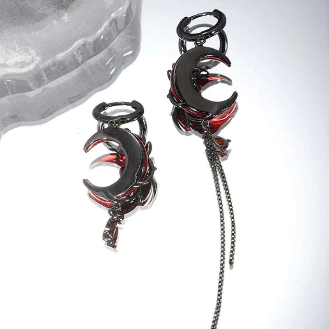 Red moon and black rose earring