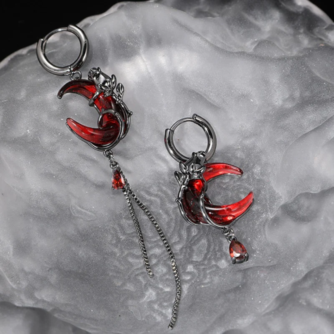 Red moon and black rose earring