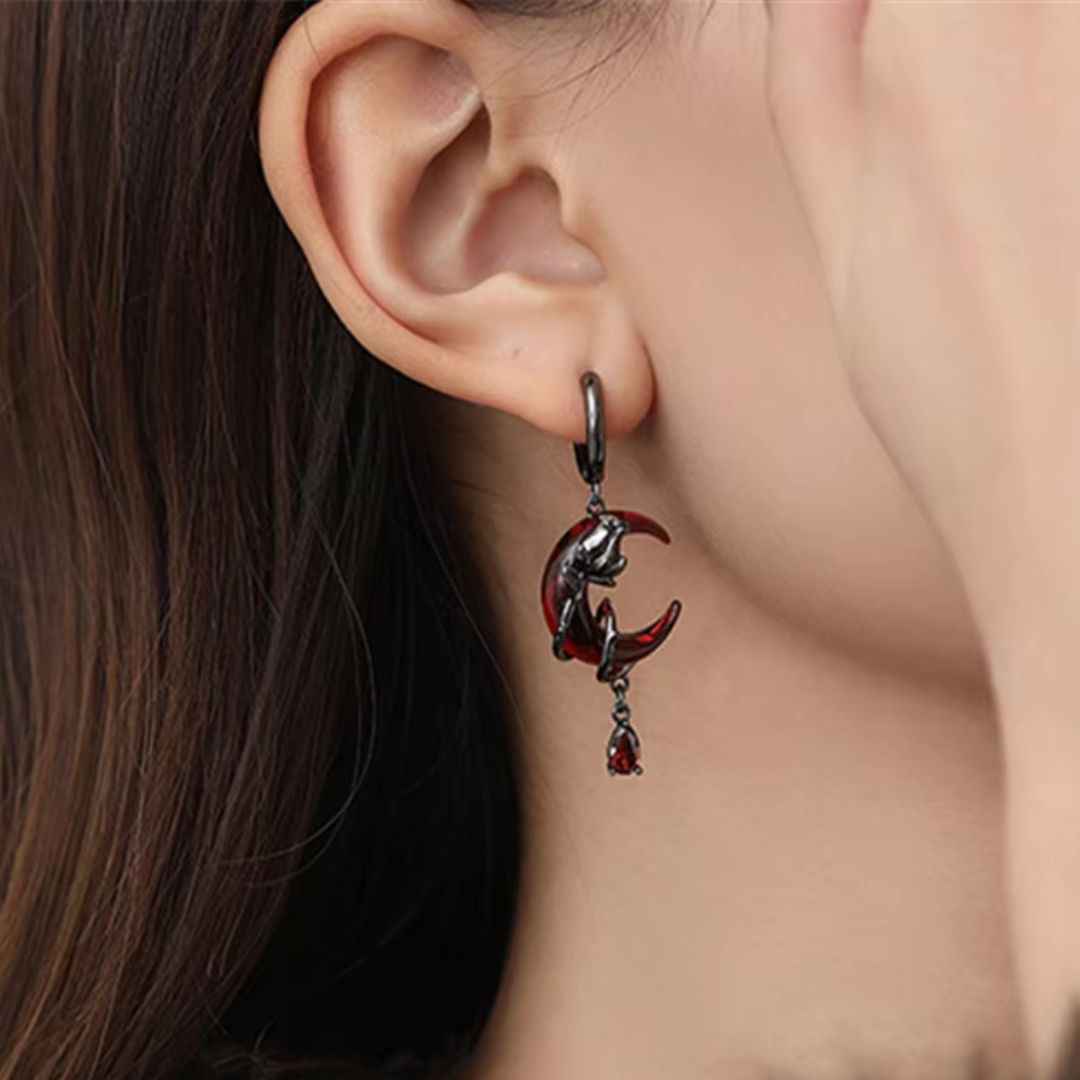 Red moon and black rose earring