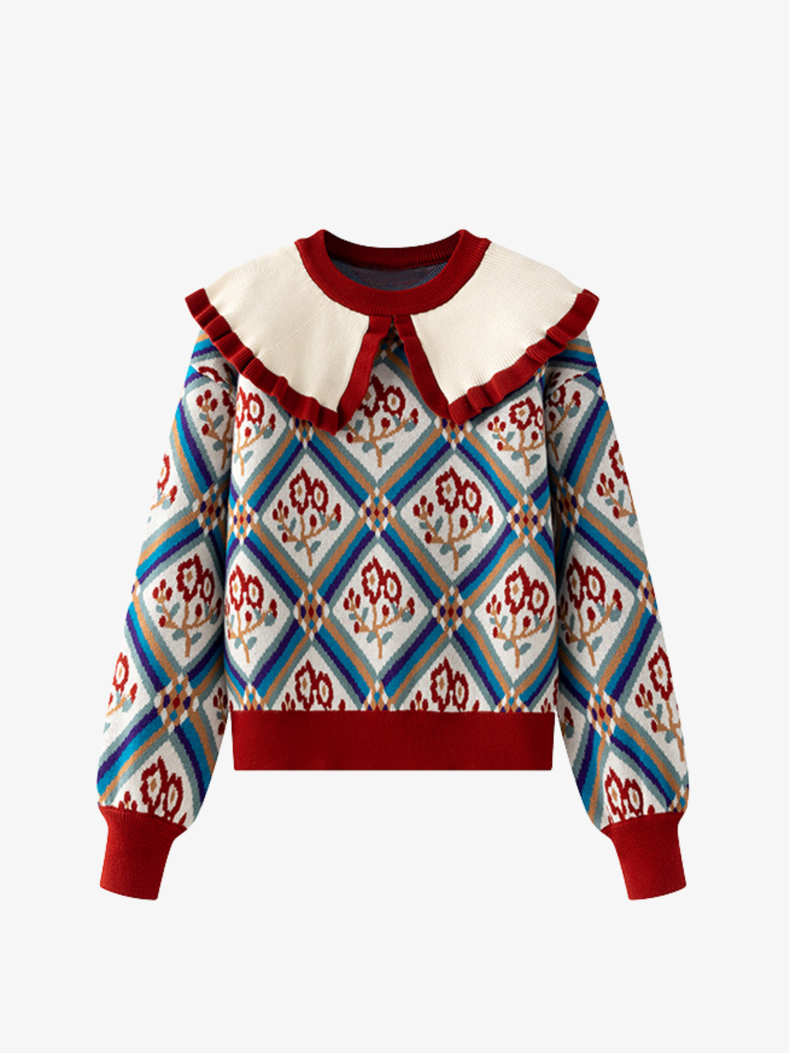 Colorful patterned sweater with a white collar on a white background