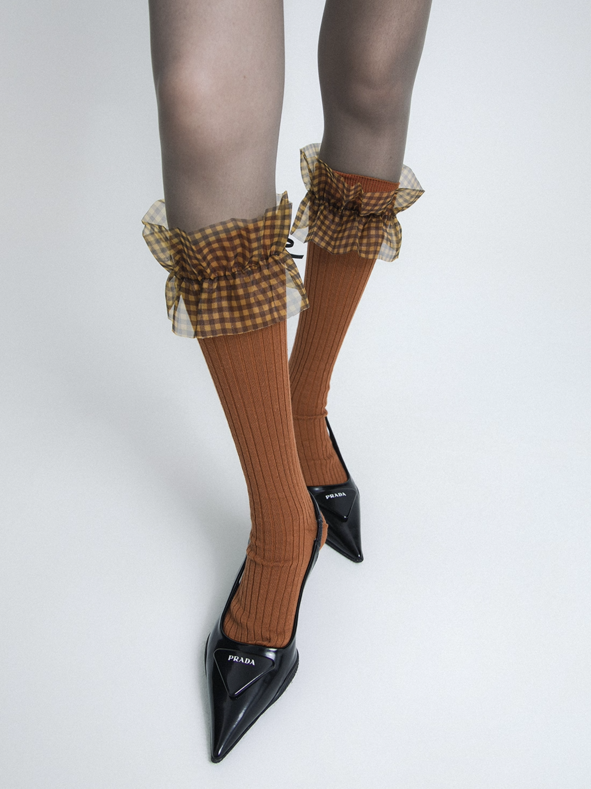 Lace Ribbon Plaid Knit Socks