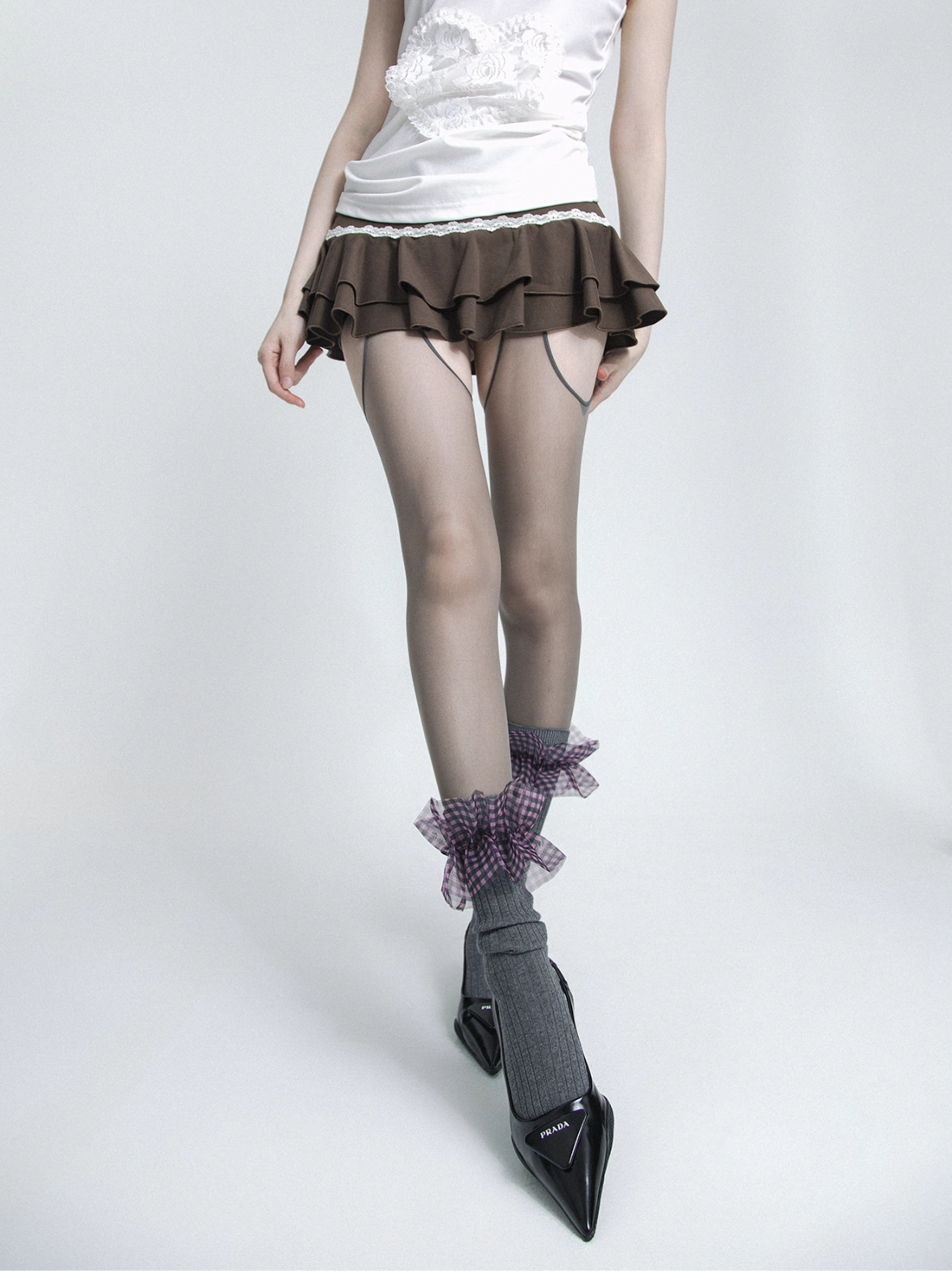 Lace Ribbon Plaid Knit Socks