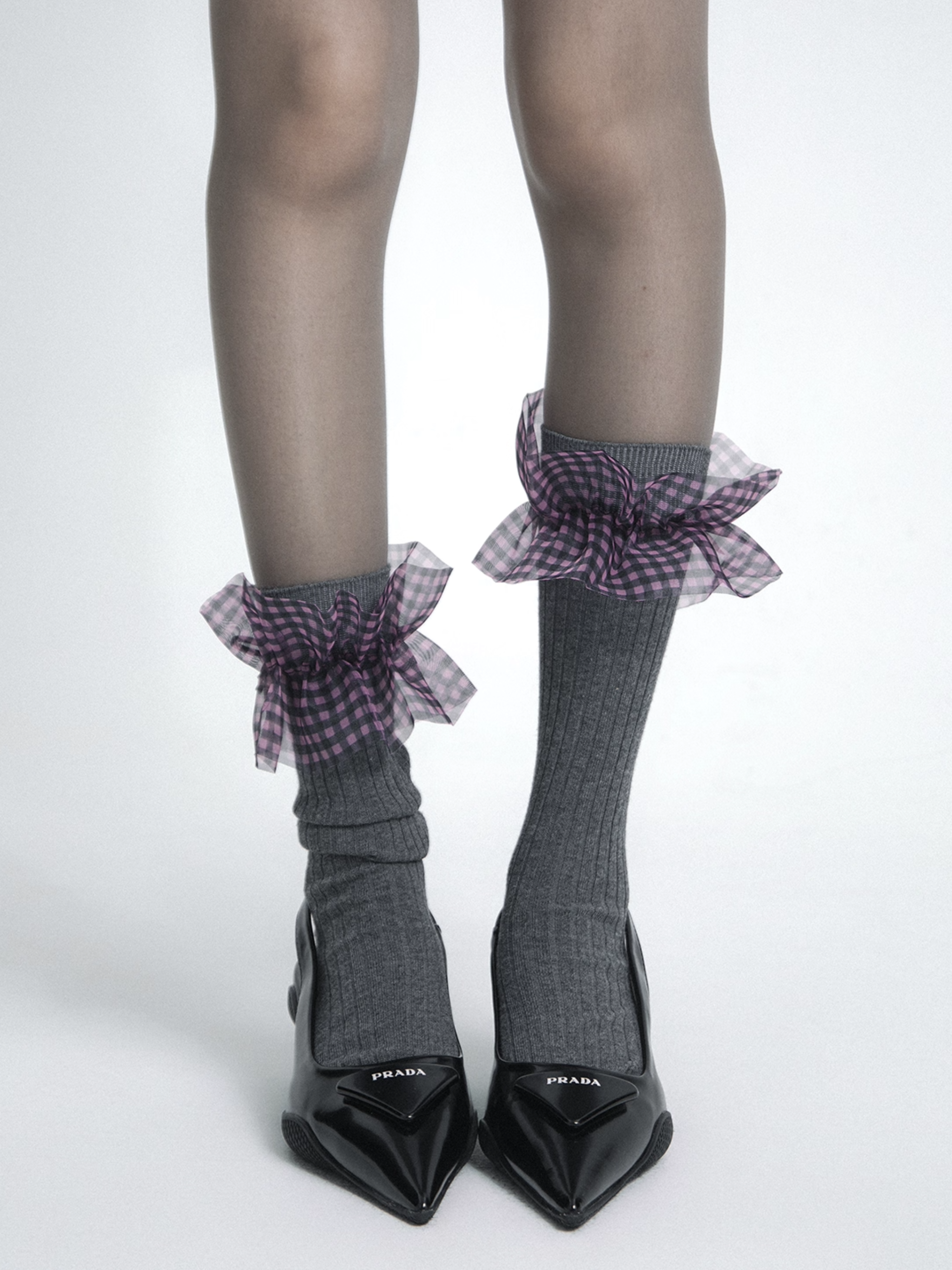 Lace Ribbon Plaid Knit Socks